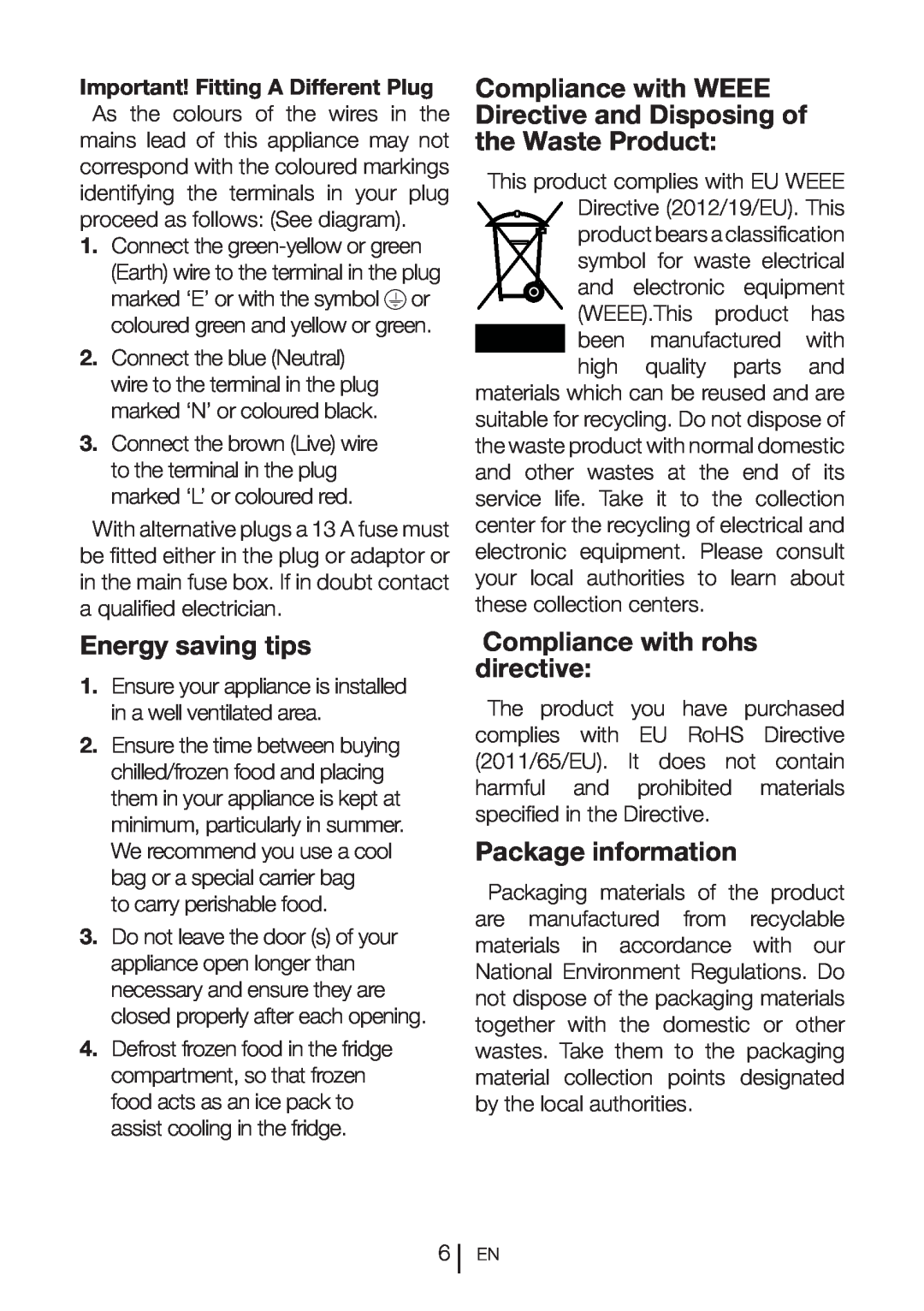 Beko CFF6873GX Energy saving tips, Compliance with WEEE Directive and Disposing of the Waste Product, Package information 