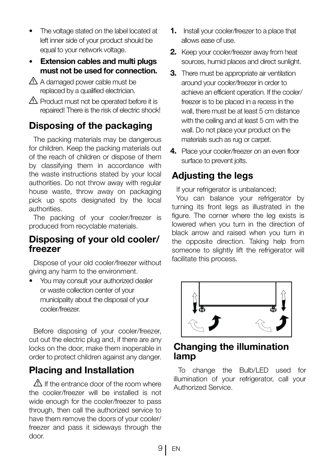 Beko CFMD7852X manual Disposing of the packaging, Disposing of your old cooler/ freezer, Placing and Installation 