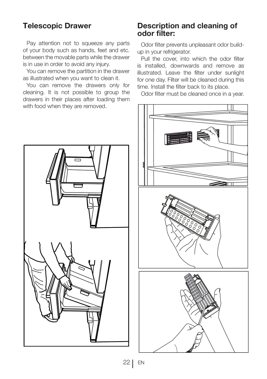 Beko CFMD7852X manual Telescopic Drawer, Description and cleaning of odor filter 