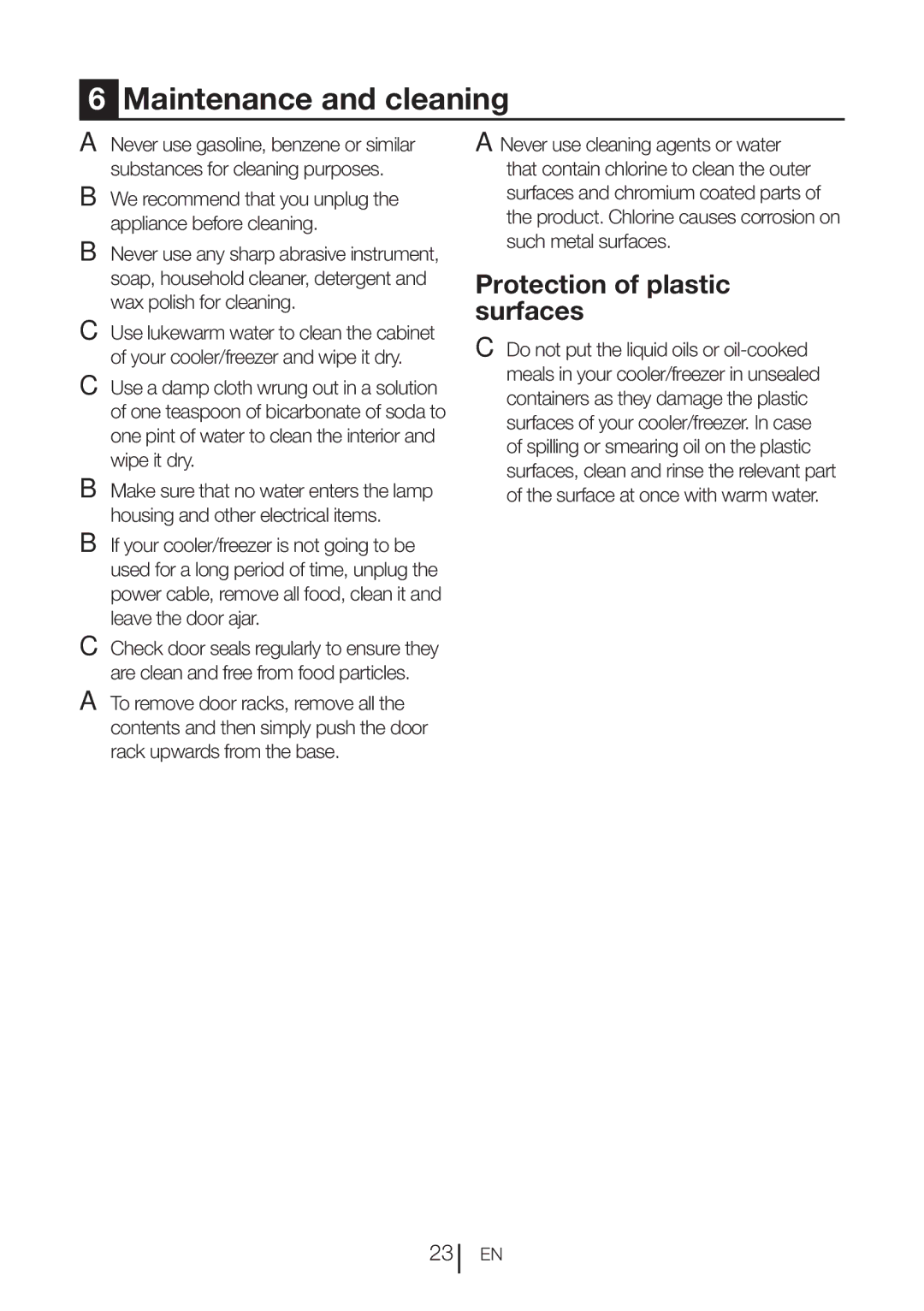 Beko CFMD7852X manual Maintenance and cleaning, Protection of plastic surfaces 