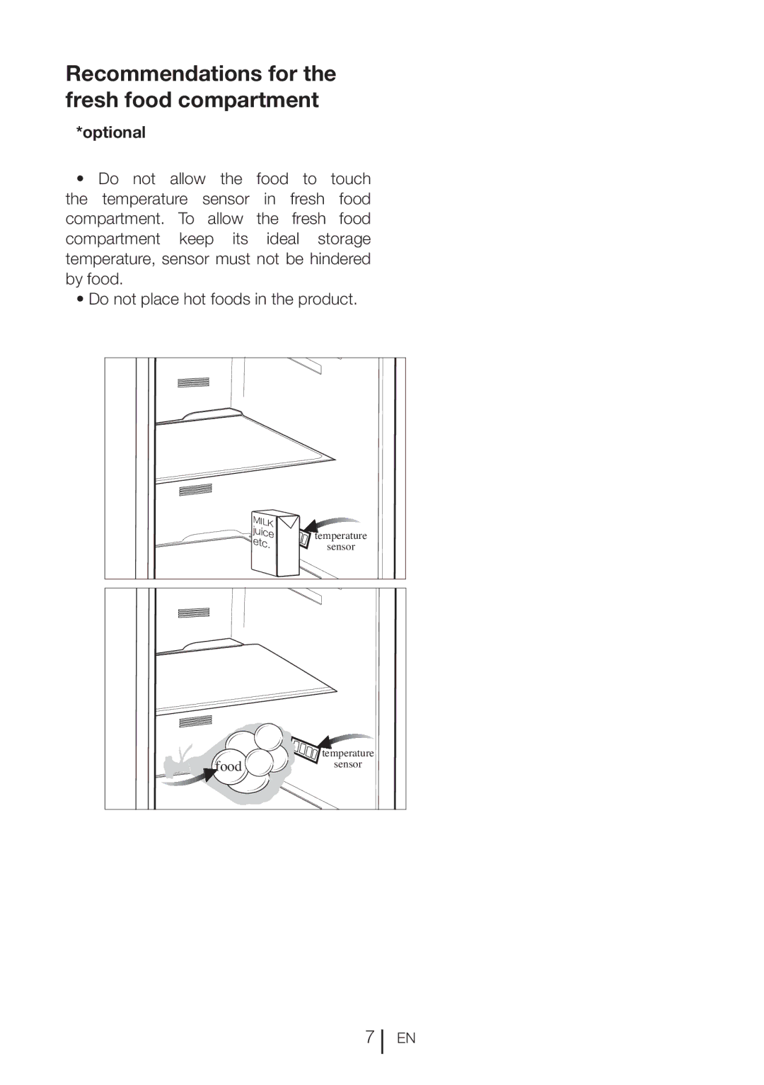 Beko CFMD7852X manual Recommendations for the fresh food compartment, Optional 