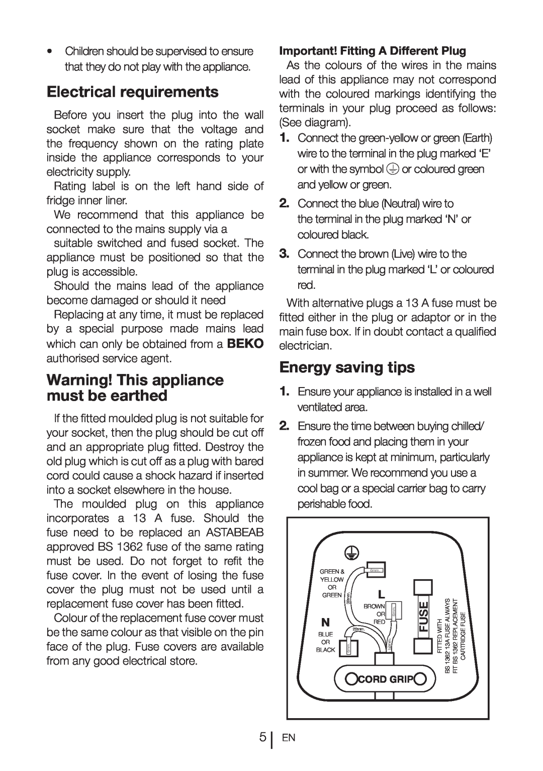 Beko CFMD7852X manual Electrical requirements, Warning! This appliance must be earthed, Energy saving tips, Fuse 