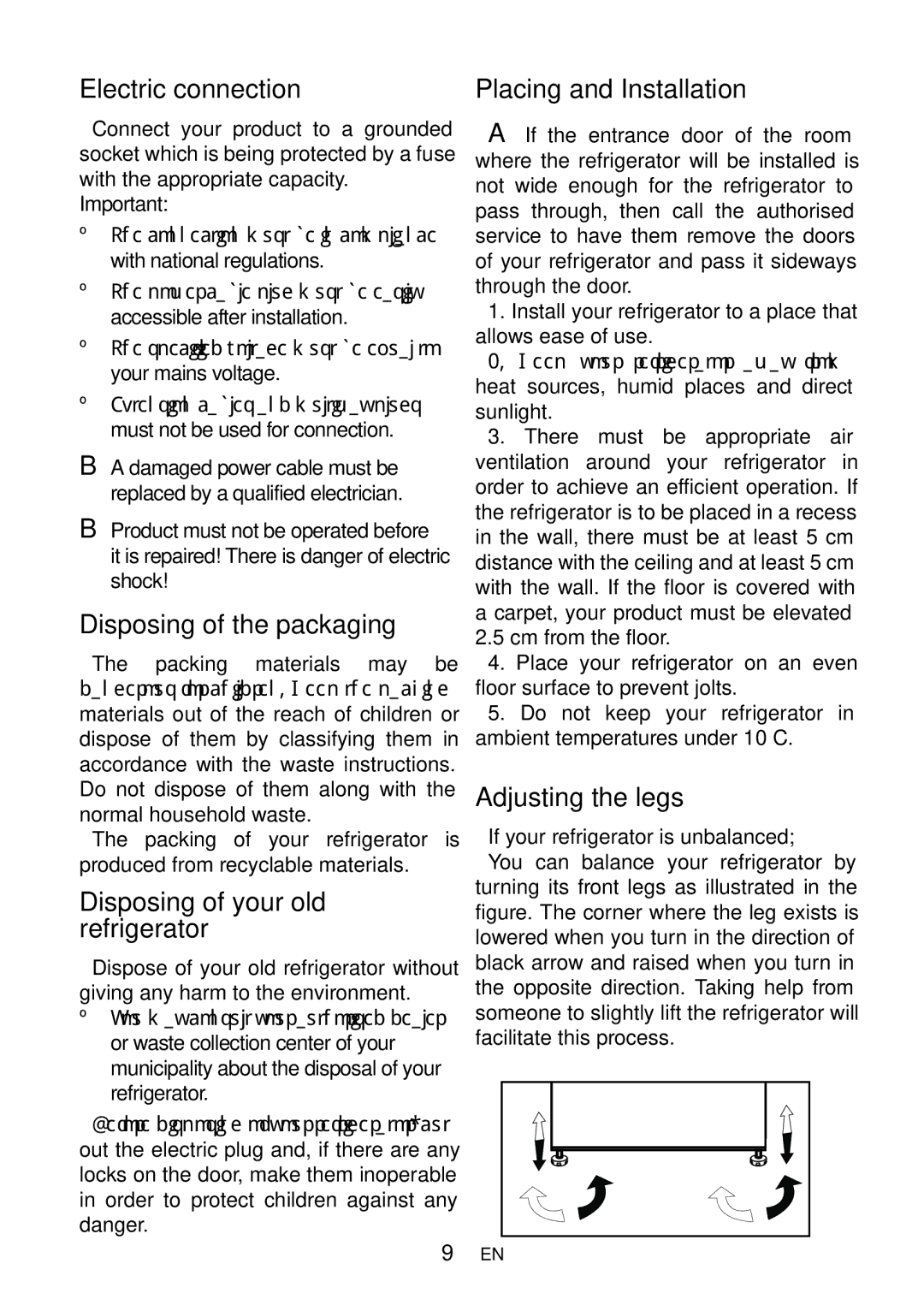 Beko CN 151120 X Electric connection, Disposing of the packaging, Disposing of your old refrigerator, Adjusting the legs 