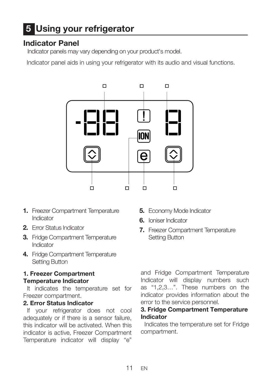 Beko CN 151120 X manual Using your refrigerator, Indicator Panel, Error Status Indicator 