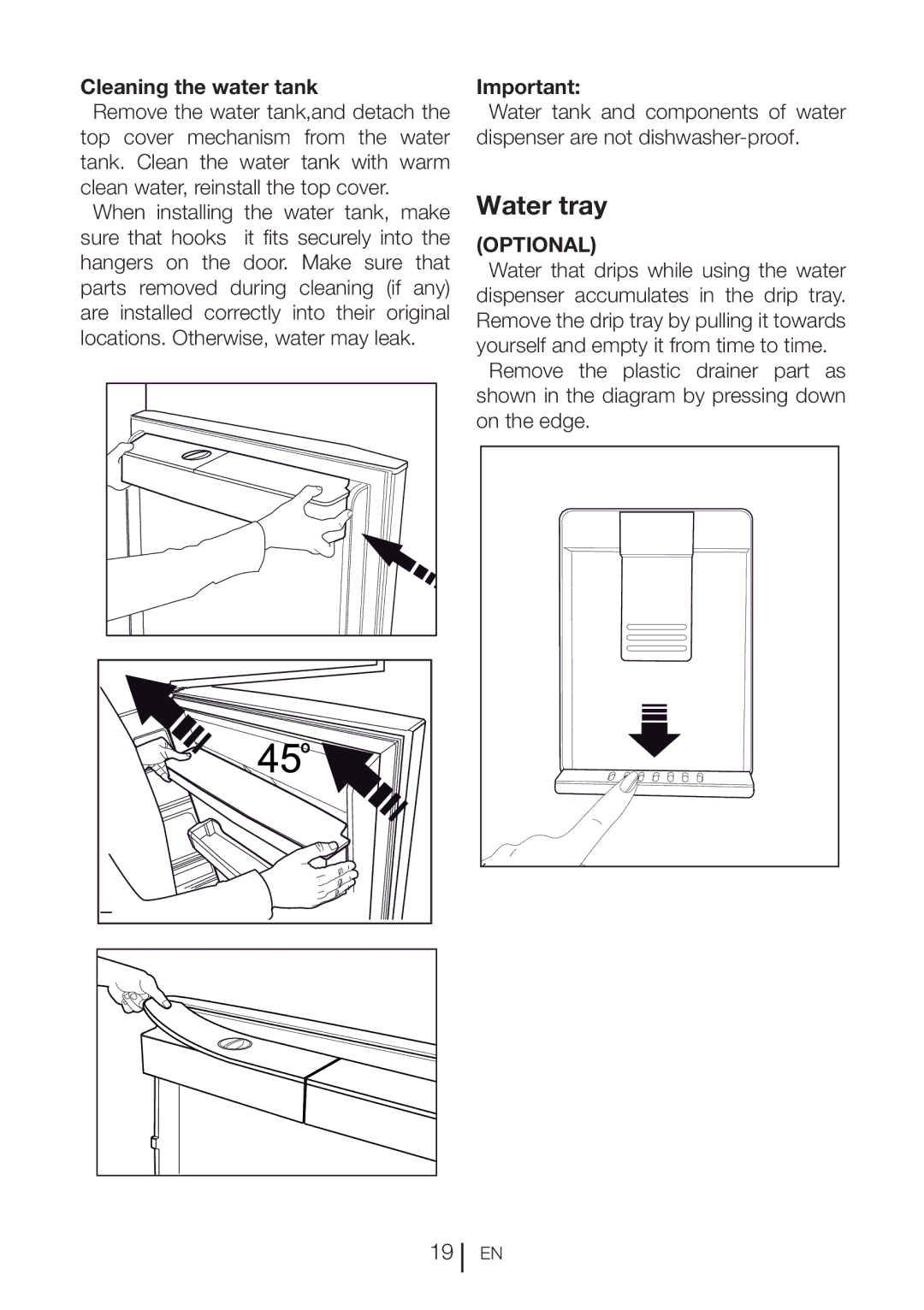 Beko CN 151120 X manual Water tray, Cleaning the water tank 