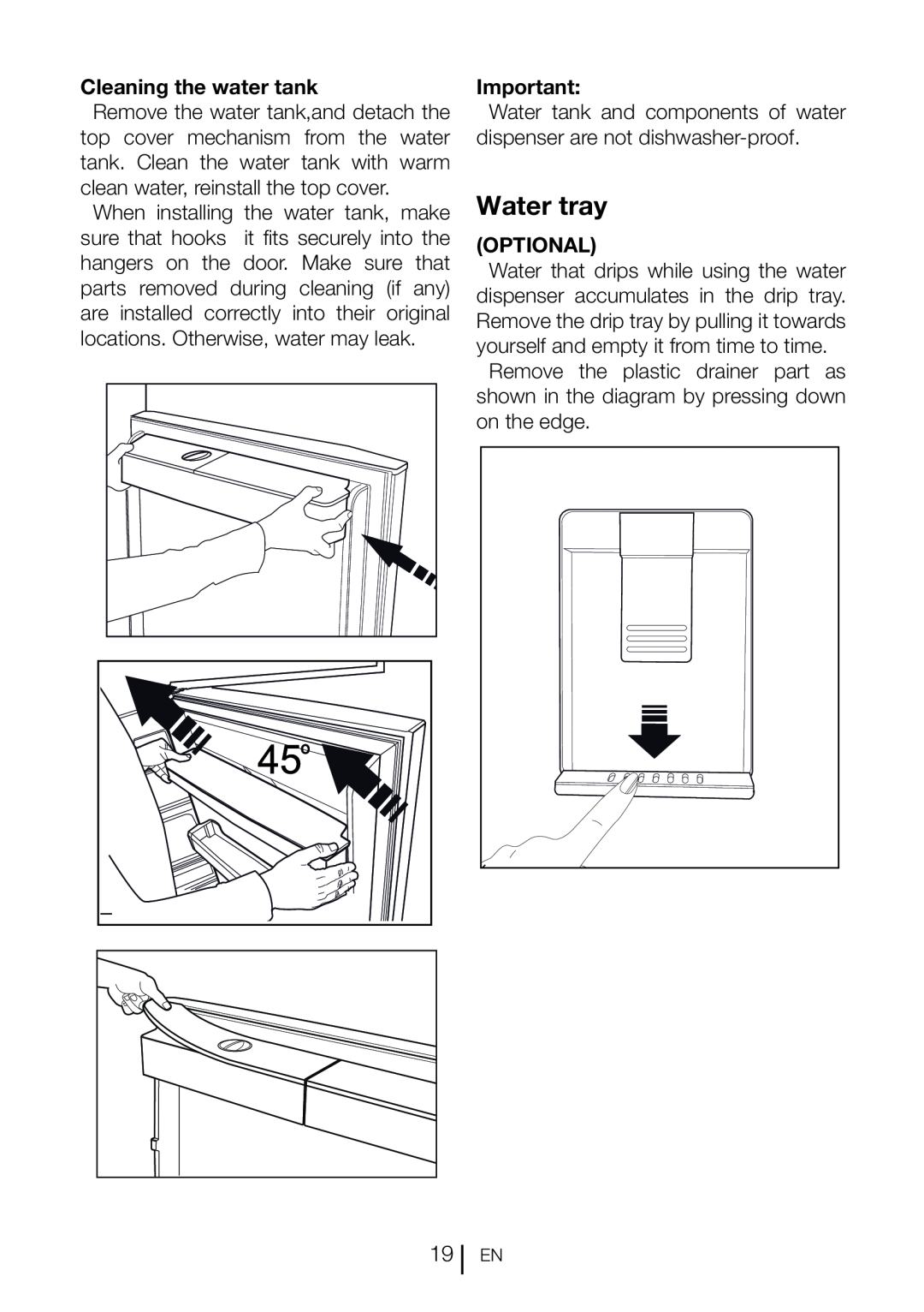 Beko CN 151120 X manual Water tray, Cleaning the water tank, Optional 