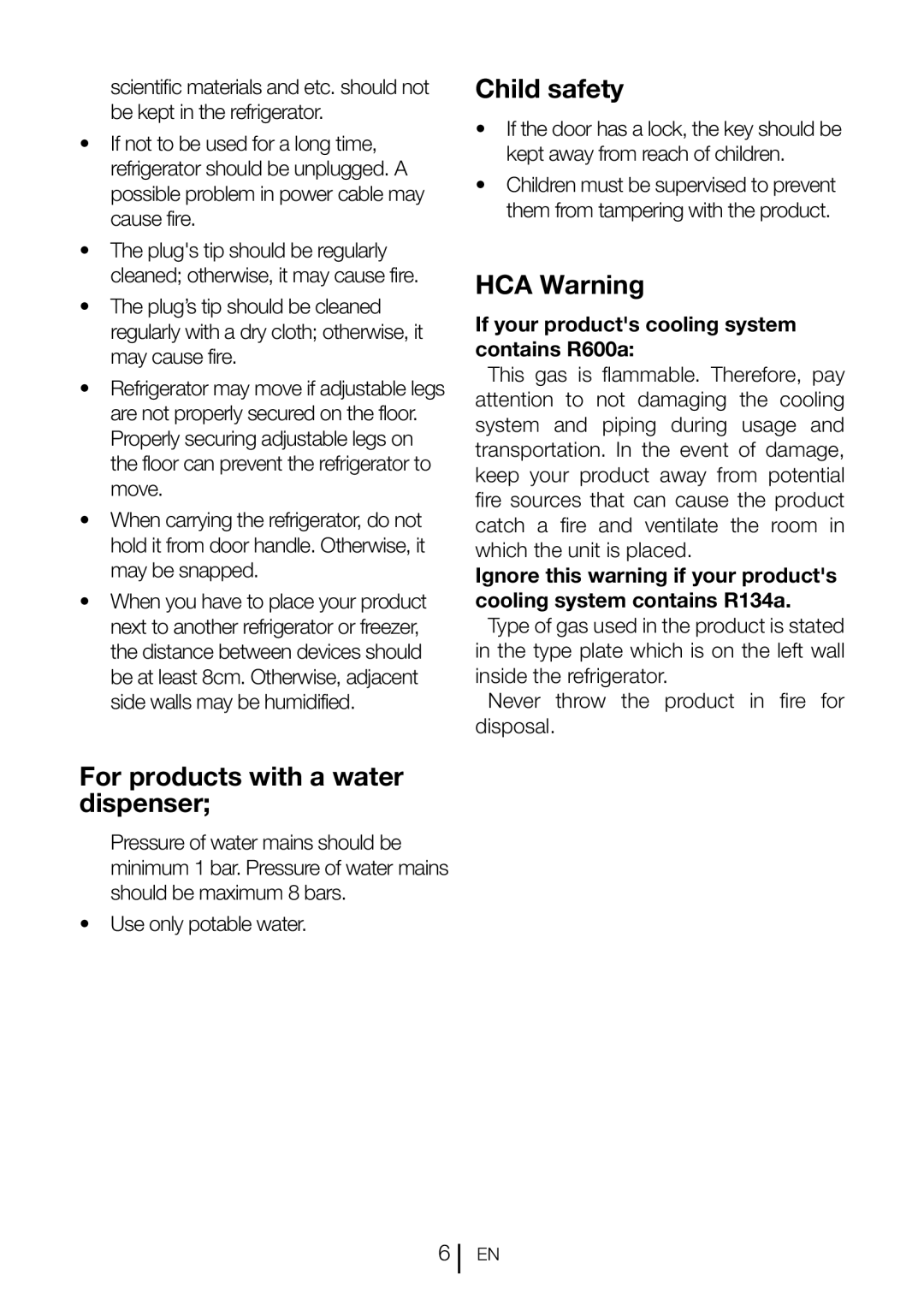 Beko CN 151120 X manual For products with a water dispenser, Child safety, HCA Warning 
