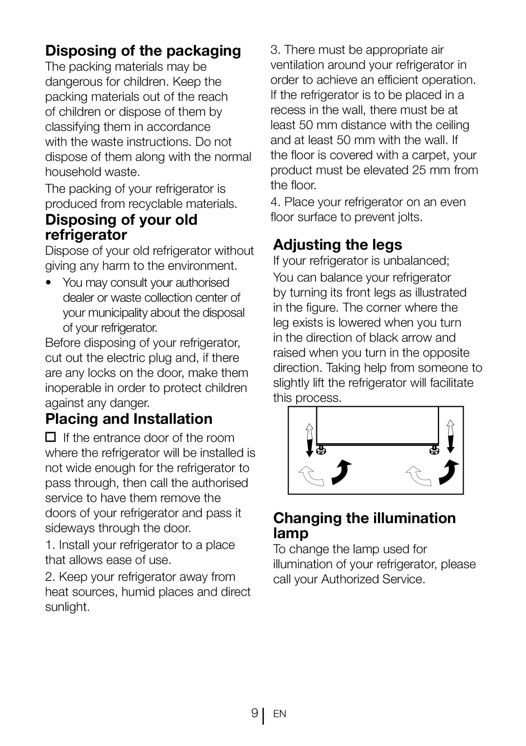 Beko CN111520 Disposing of the packaging, Disposing of your old refrigerator, Placing and Installation, Adjusting the legs 