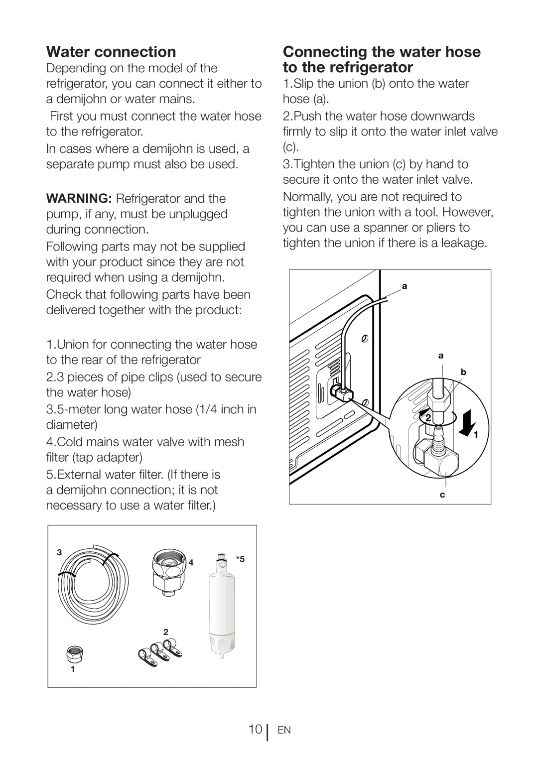 Beko CN111520 manual Water connection, Connecting the water hose to the refrigerator 