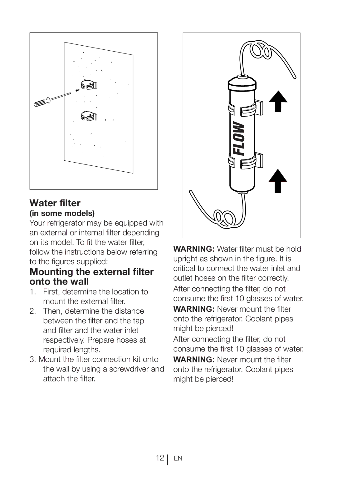 Beko CN111520 manual Water filter, Mounting the external filter onto the wall 