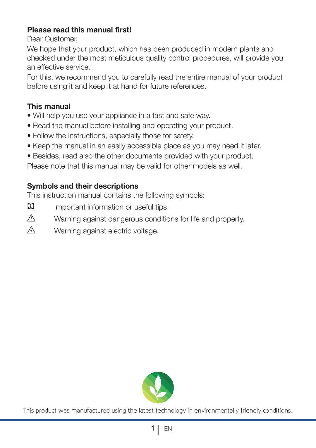 Beko CN111520 Please read this manual first, This manual, Symbols and their descriptions 