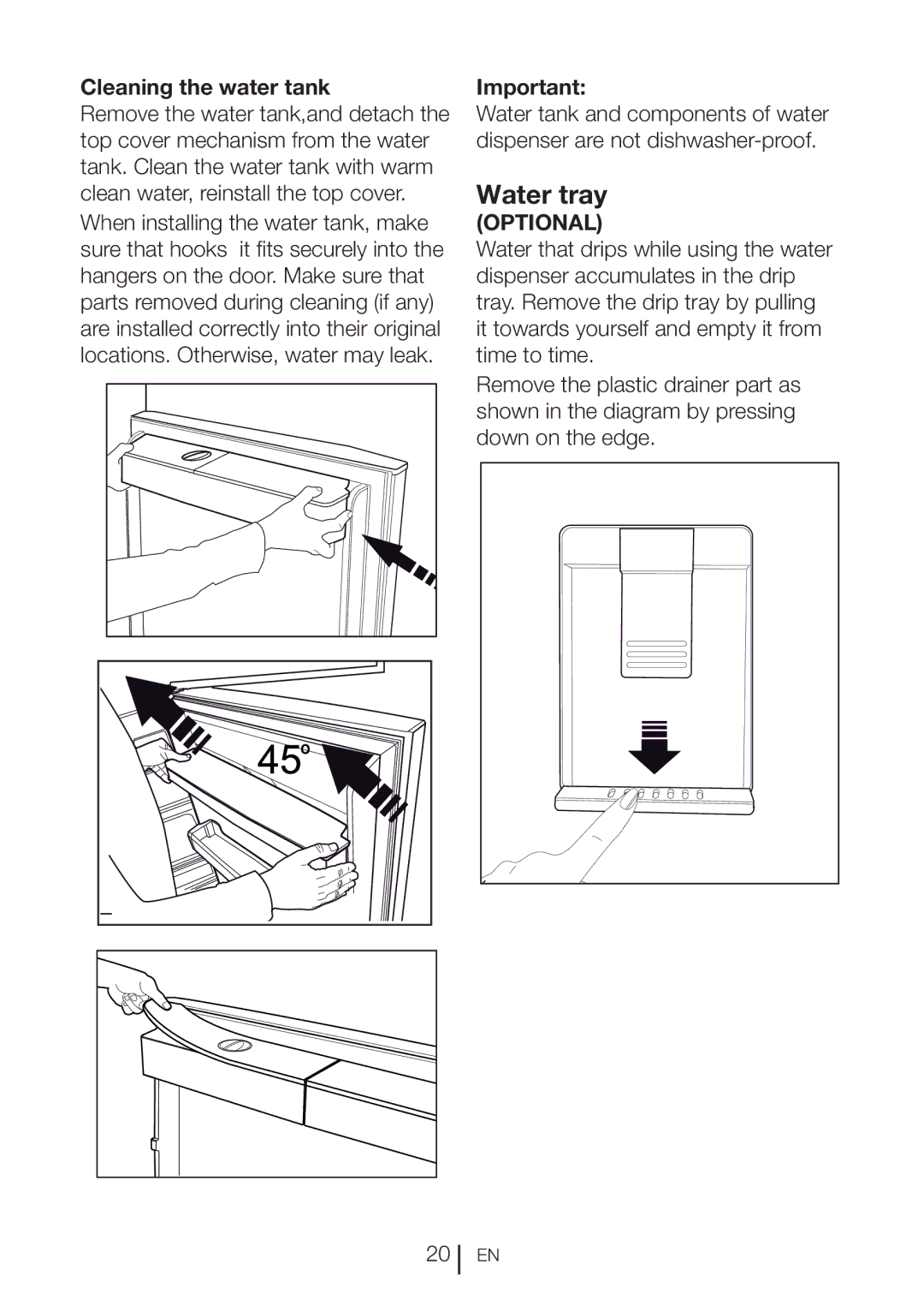 Beko CN111520 manual Water tray, Cleaning the water tank 