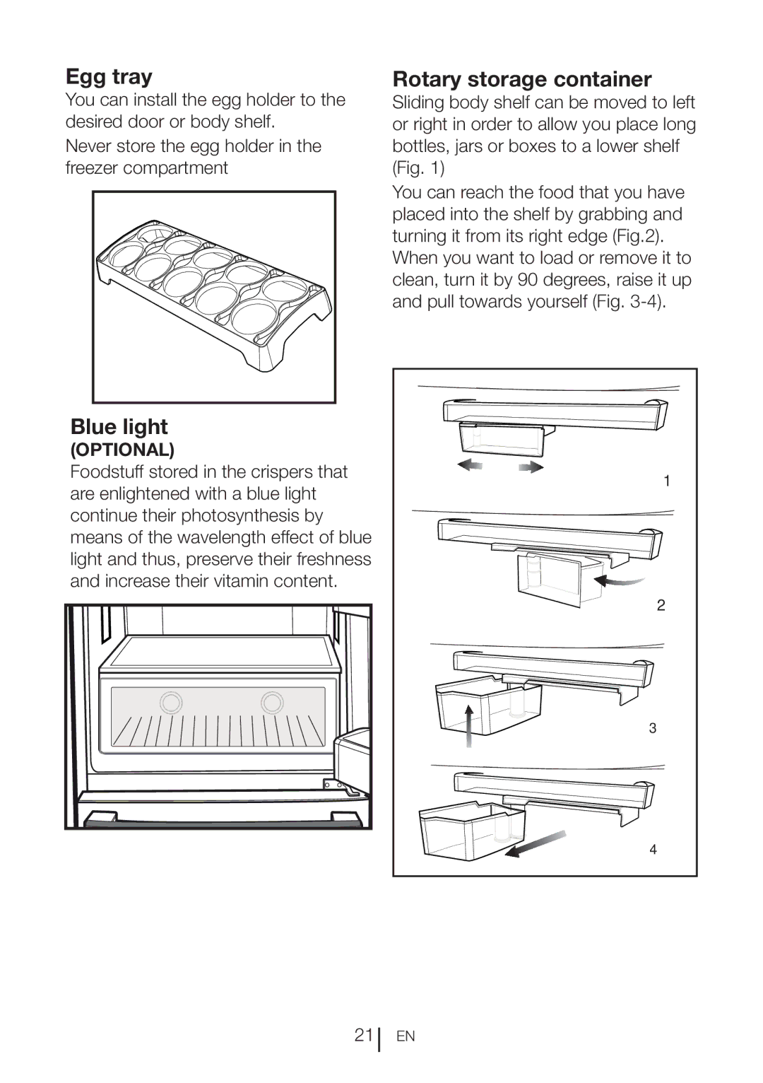 Beko CN111520 manual Egg tray, Rotary storage container, Blue light 