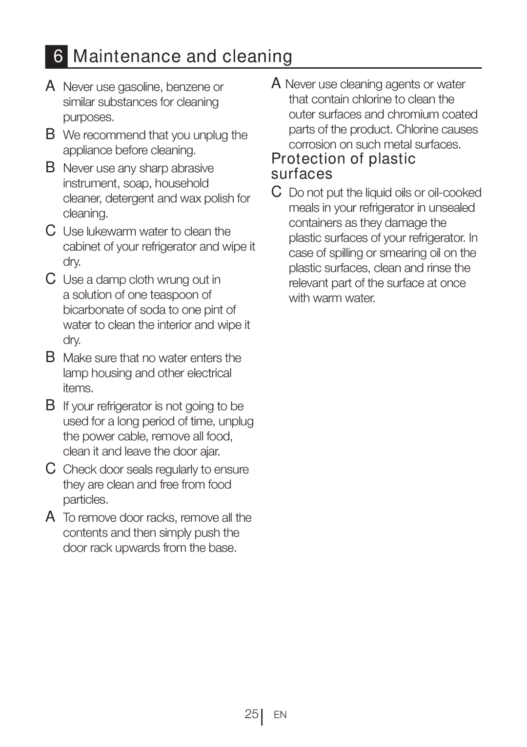 Beko CN111520 manual Maintenance and cleaning, Protection of plastic surfaces 