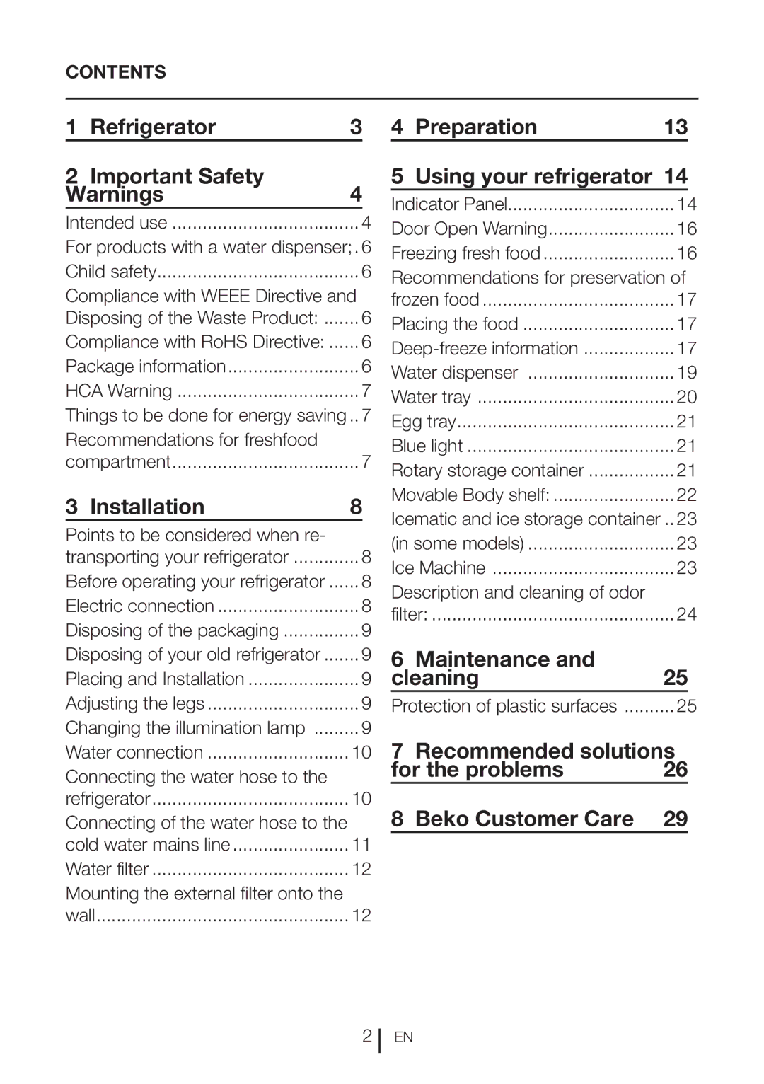 Beko CN111520 manual Refrigerator Important Safety, Installation, Preparation Using your refrigerator, Maintenance Cleaning 