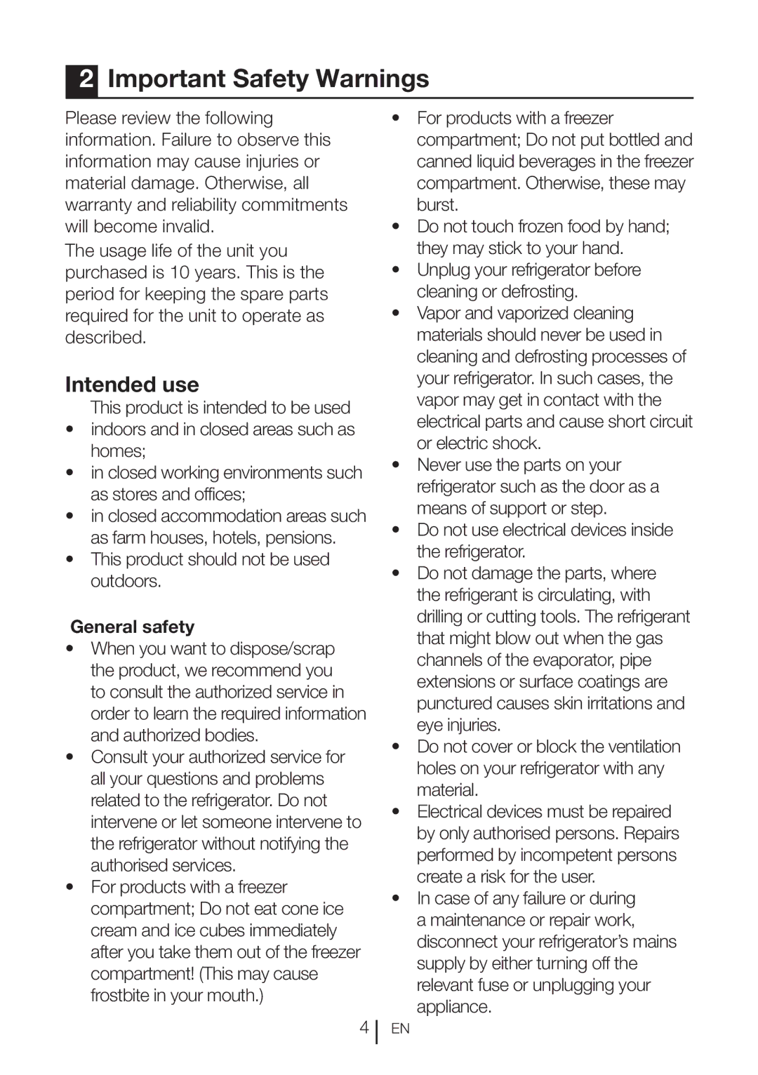 Beko CN111520 manual Important Safety Warnings, Intended use, General safety 