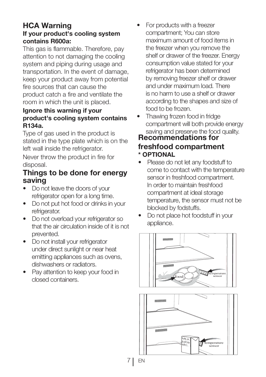 Beko CN111520 manual HCA Warning, Things to be done for energy saving, Recommendations for freshfood compartment 