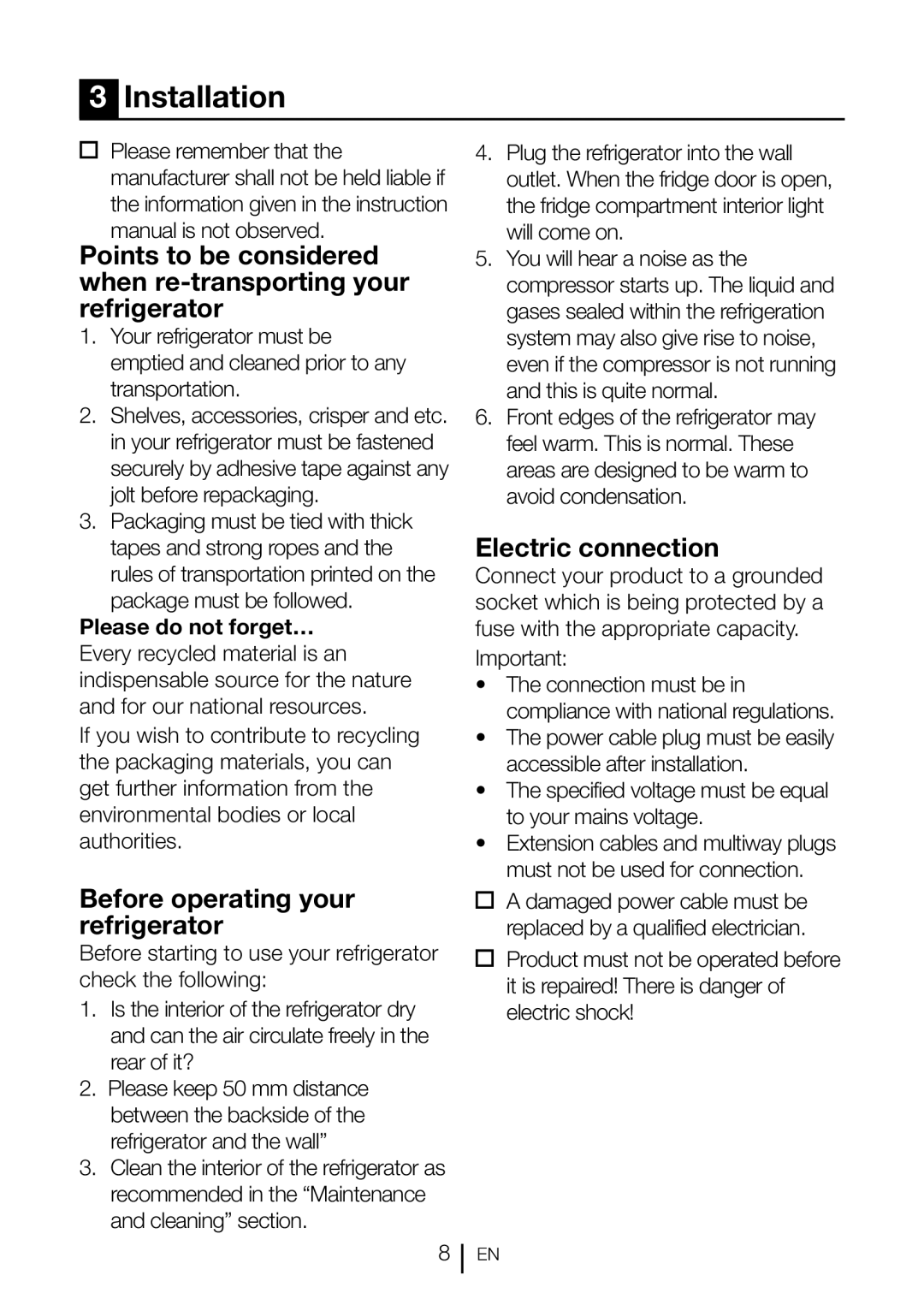 Beko CN111520 manual Installation, Before operating your refrigerator, Electric connection 