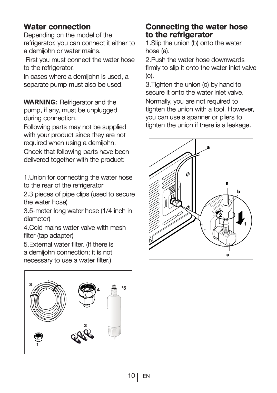Beko CN111520 manual Water connection, Connecting the water hose to the refrigerator 