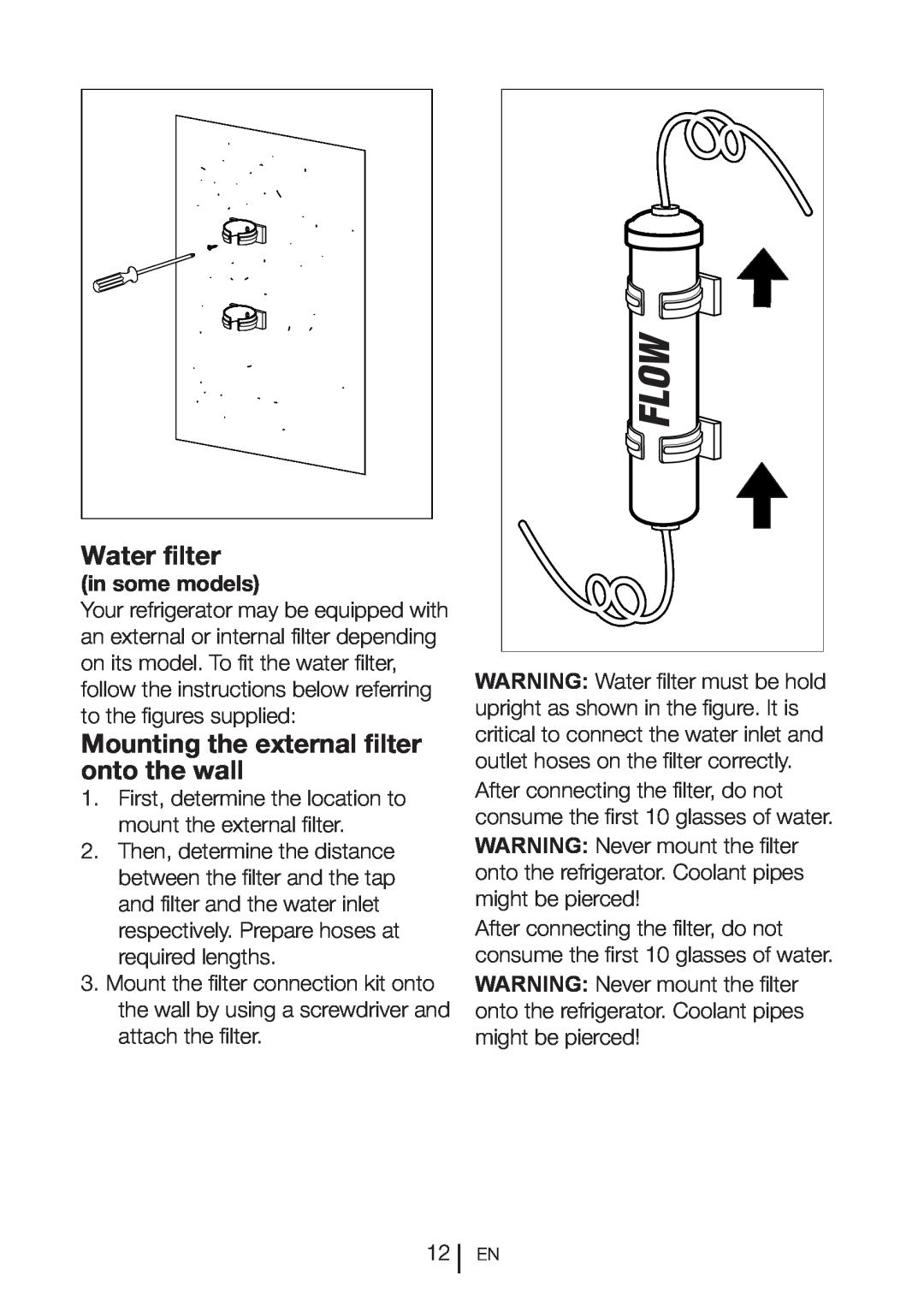 Beko CN111520 manual Water filter, Mounting the external filter onto the wall, in some models 