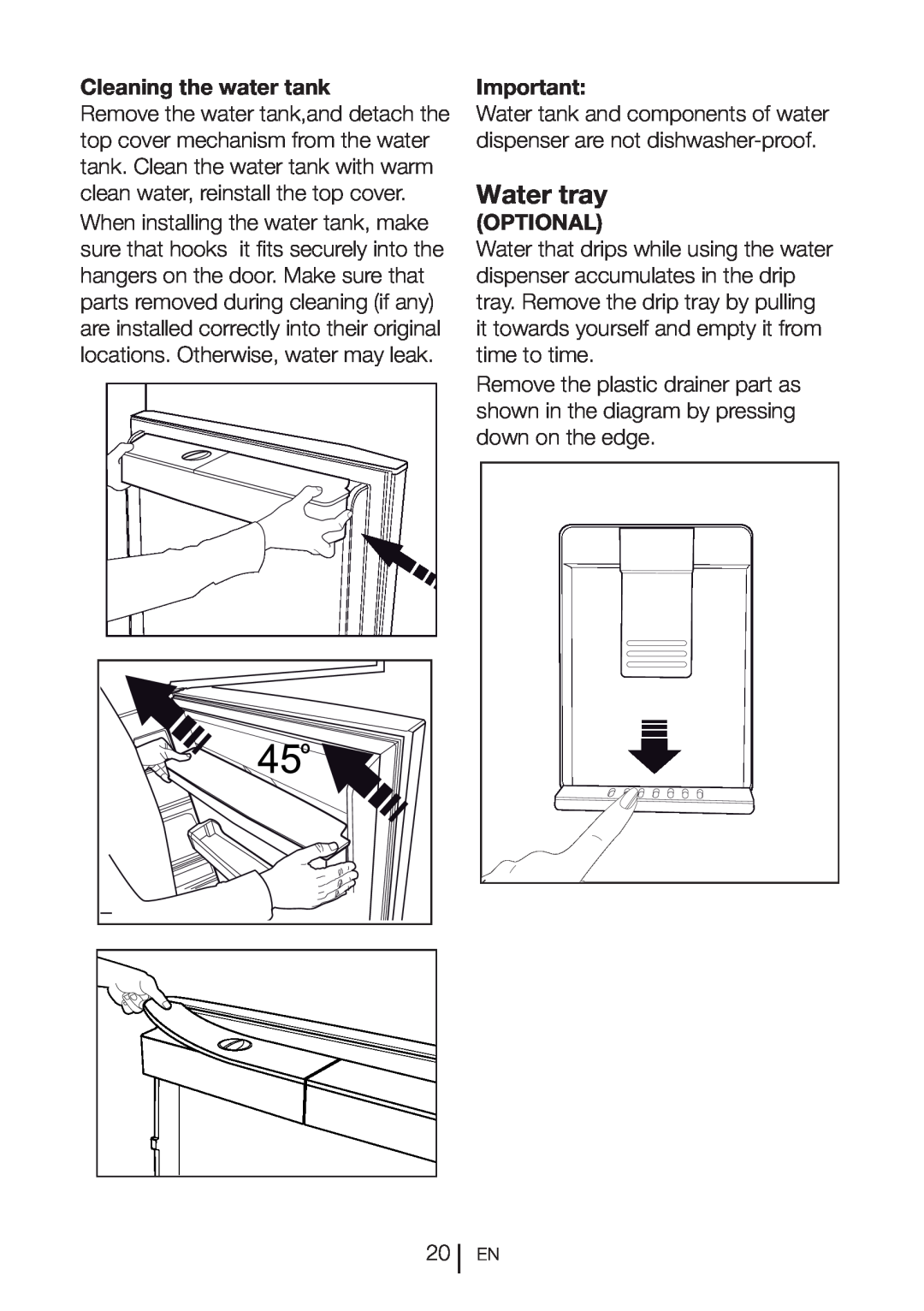 Beko CN111520 manual Water tray, Cleaning the water tank, Optional 