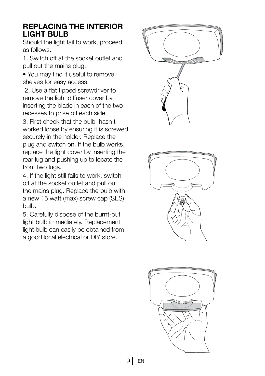 Beko COOL54FDW, COOL54FDS manual Replacing the Interior Light Bulb 