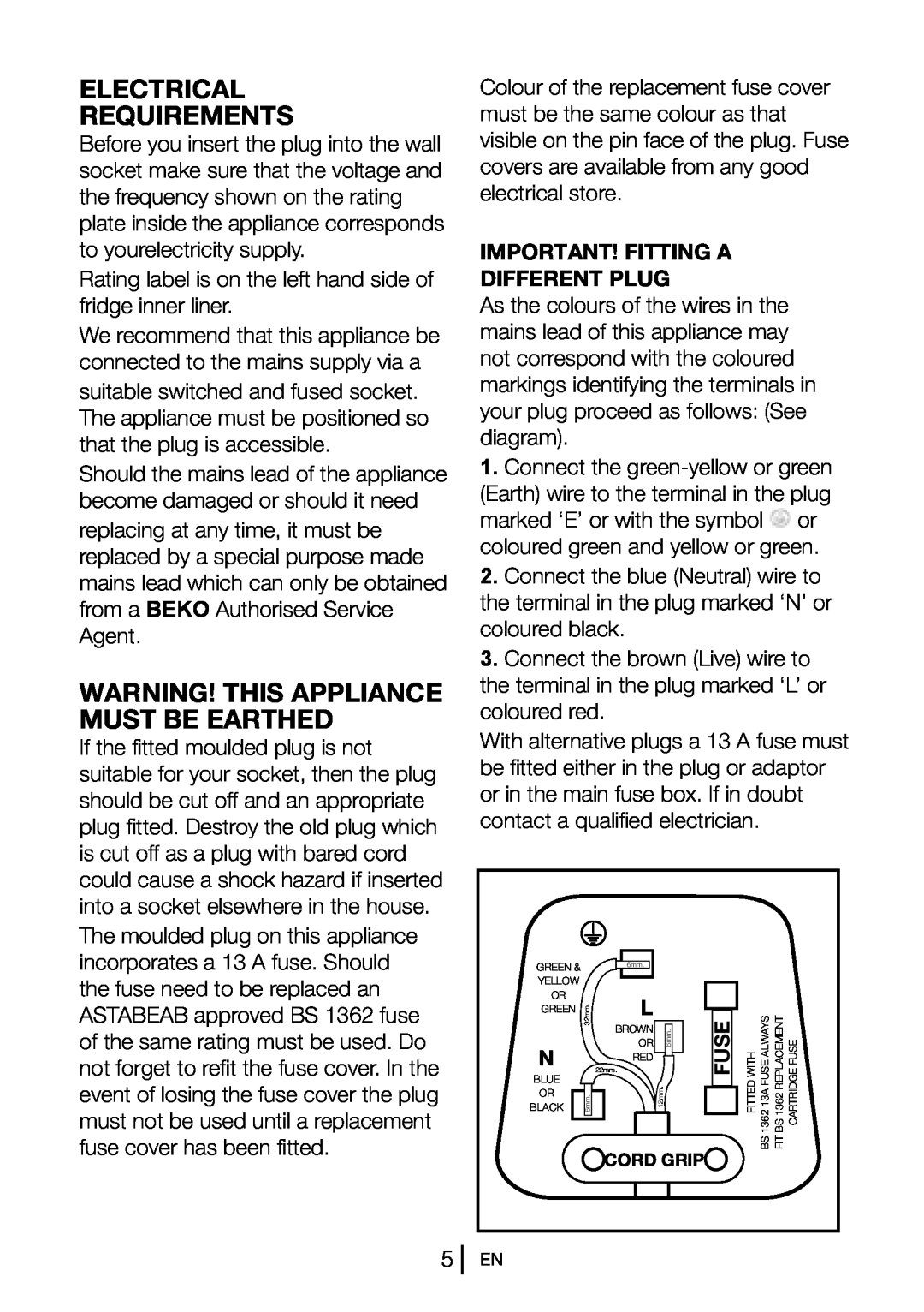 Beko COOL54FW Electrical Requirements, Warning! This Appliance Must Be Earthed, Important! Fitting A Different Plug, Fuse 