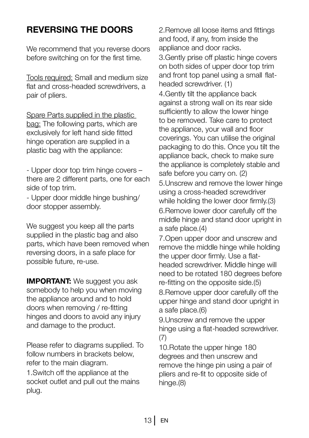 Beko CS 6914 APW manual Reversing the Doors 