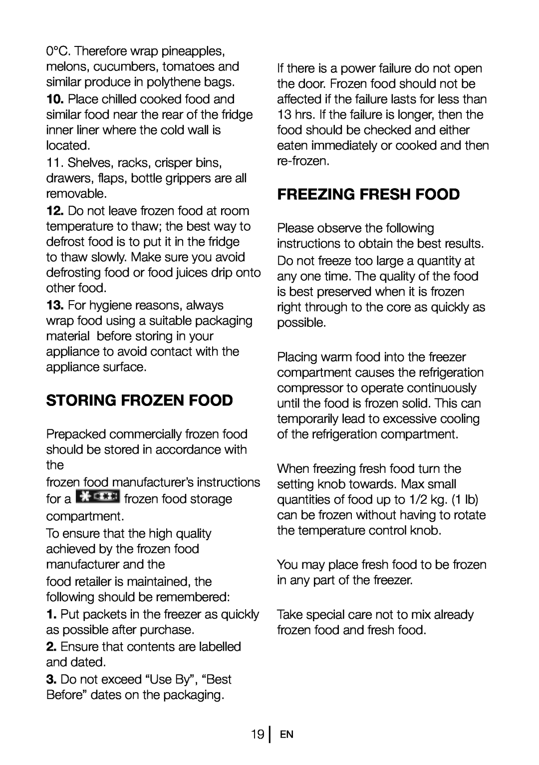 Beko CS 6914 APW manual Storing Frozen Food, Freezing Fresh Food 