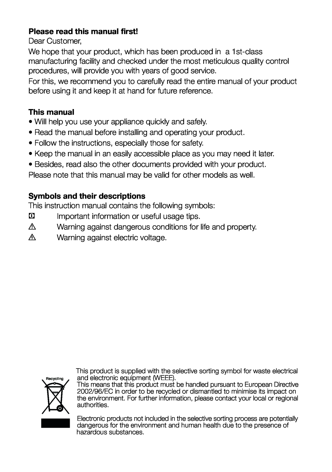 Beko CS 6914 APW Please read this manual first, This manual, Symbols and their descriptions 