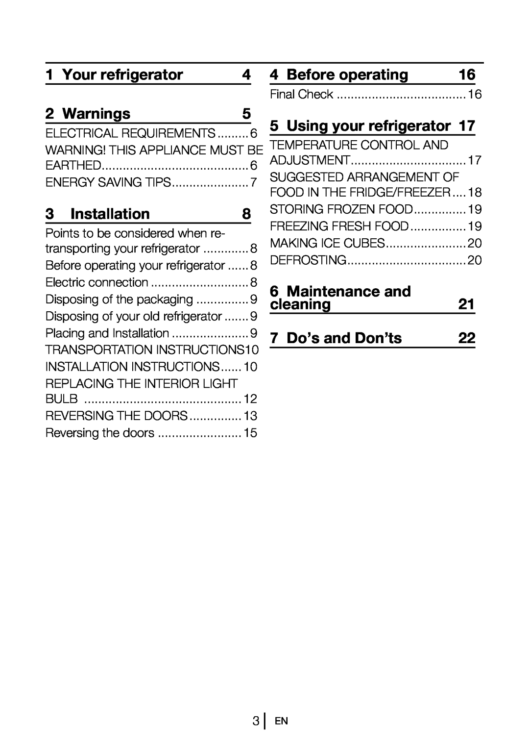 Beko CS 6914 APW Your refrigerator, Warnings, Installation, Before operating, Using your refrigerator, 7 Do’s and Don’ts 