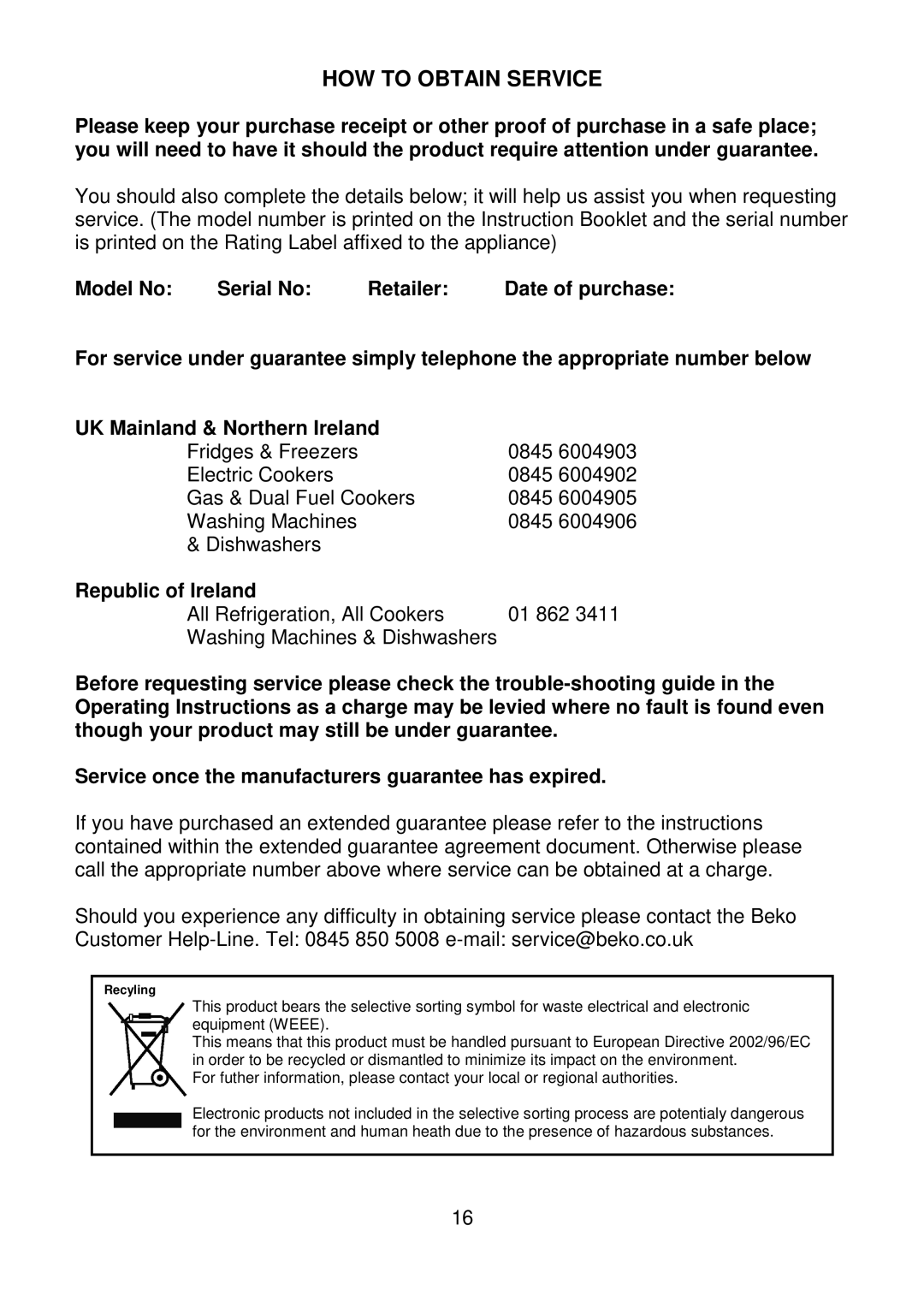 Beko CS5342APW manual HOW to Obtain Service 