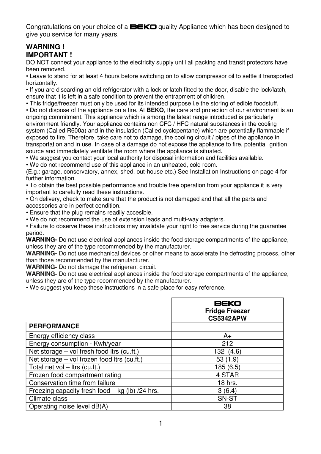 Beko CS5342APW manual Performance 