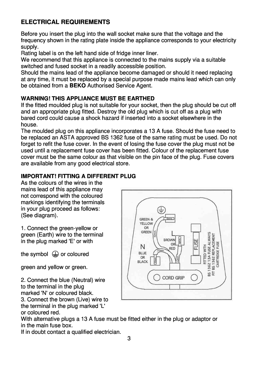 Beko CS5342APW manual Electrical Requirements, Warning! This Appliance Must Be Earthed, Important! Fitting A Different Plug 