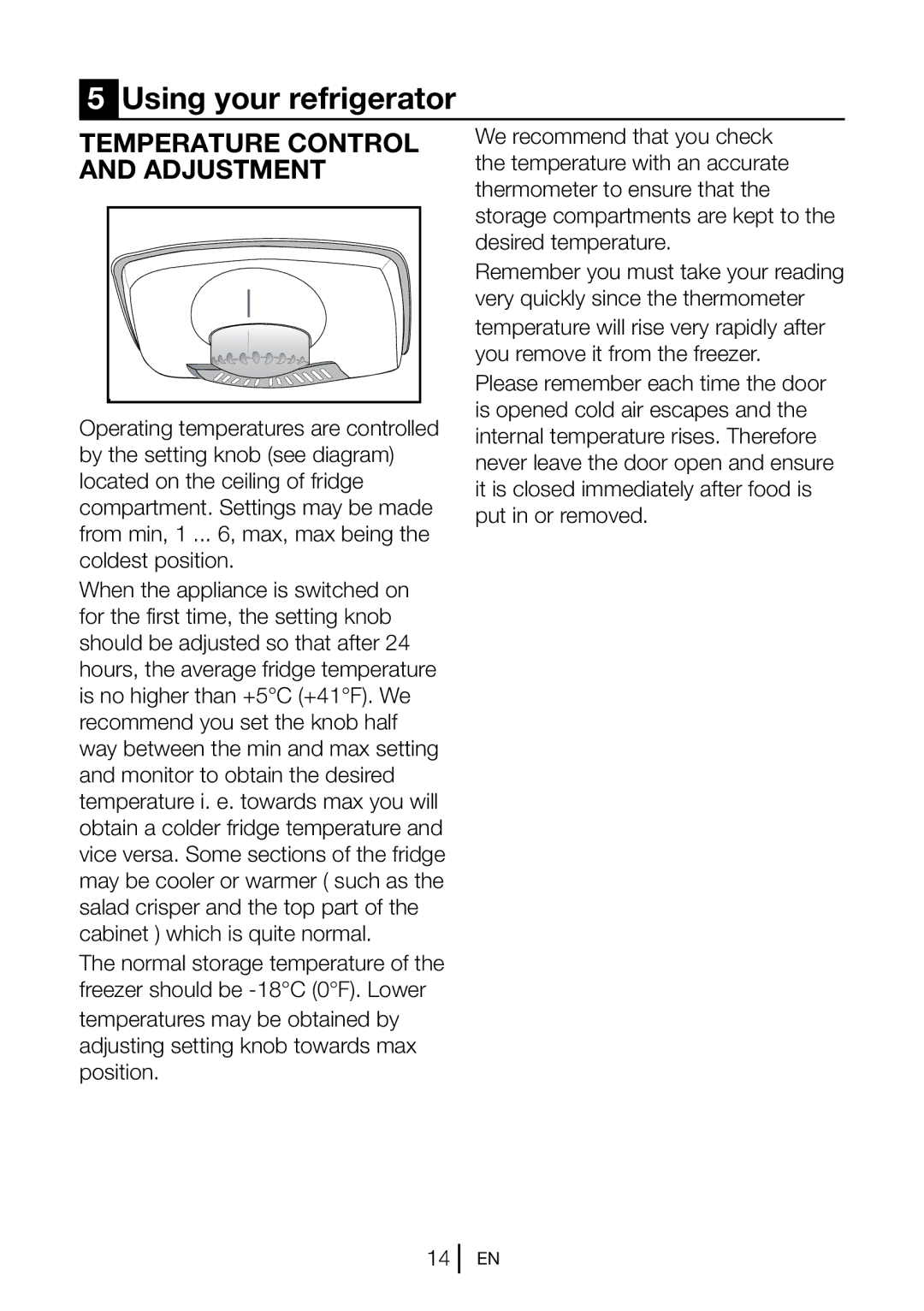 Beko CS5533APW manual Using your refrigerator, Temperature Control and Adjustment 