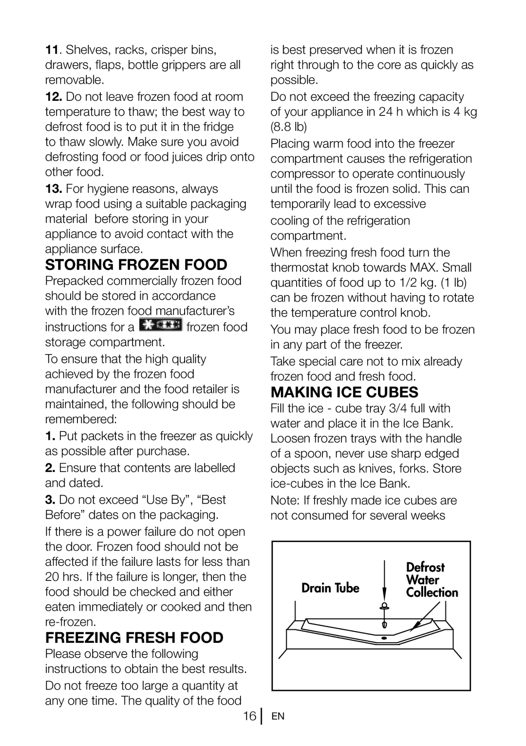 Beko CS5533APW manual Storing Frozen Food, Freezing Fresh Food, Making ICE Cubes 