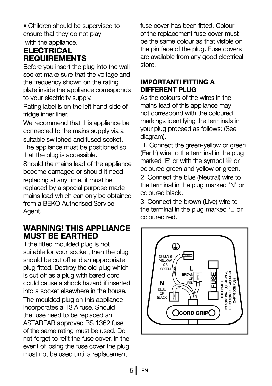 Beko CS5533APW Electrical Requirements, Warning! This Appliance Must Be Earthed, Important! Fitting A Different Plug, Fuse 