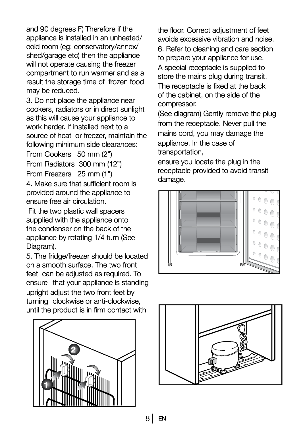 Beko CS5533APW manual From Cookers 50 mm 2” From Radiators 300 mm 12” From Freezers 25 mm 1” 