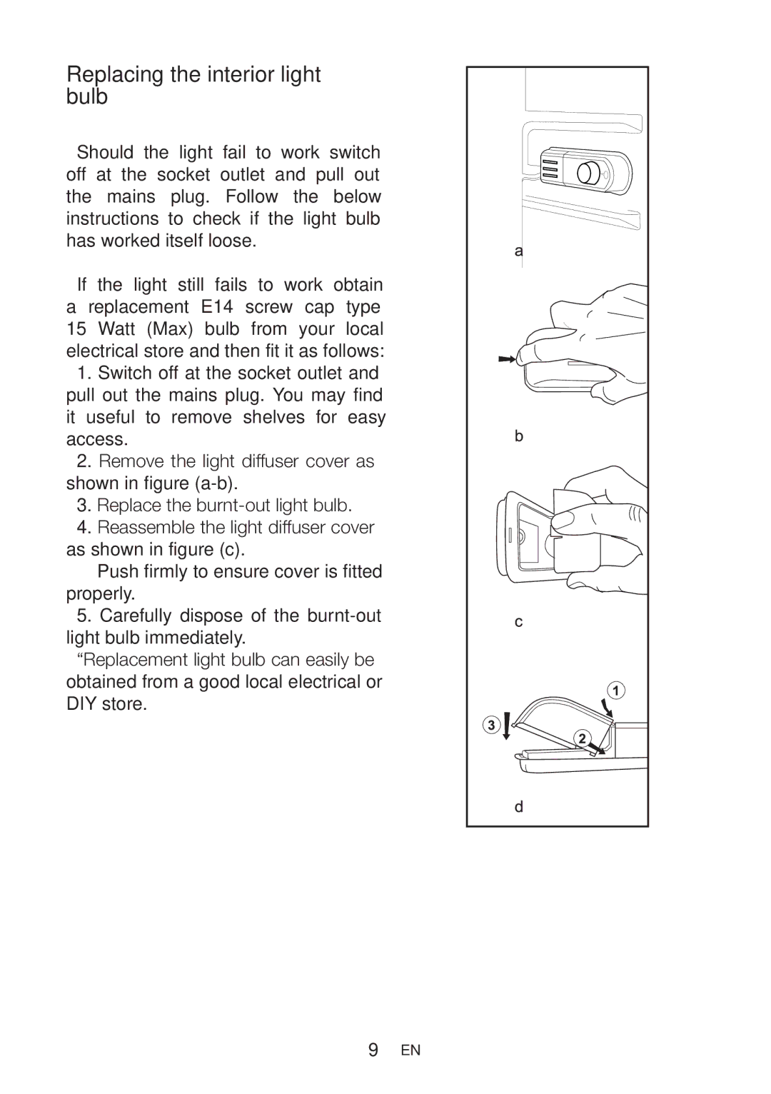 Beko CT5381APW manual Replacing the interior light bulb 