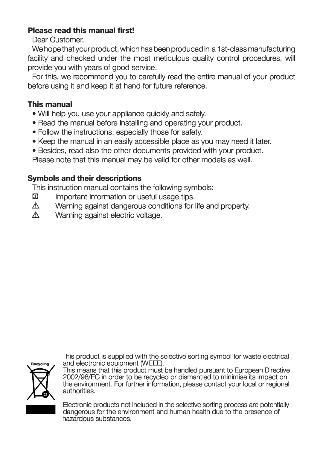 Beko CT5381APW Please read this manual first, This manual, Symbols and their descriptions 