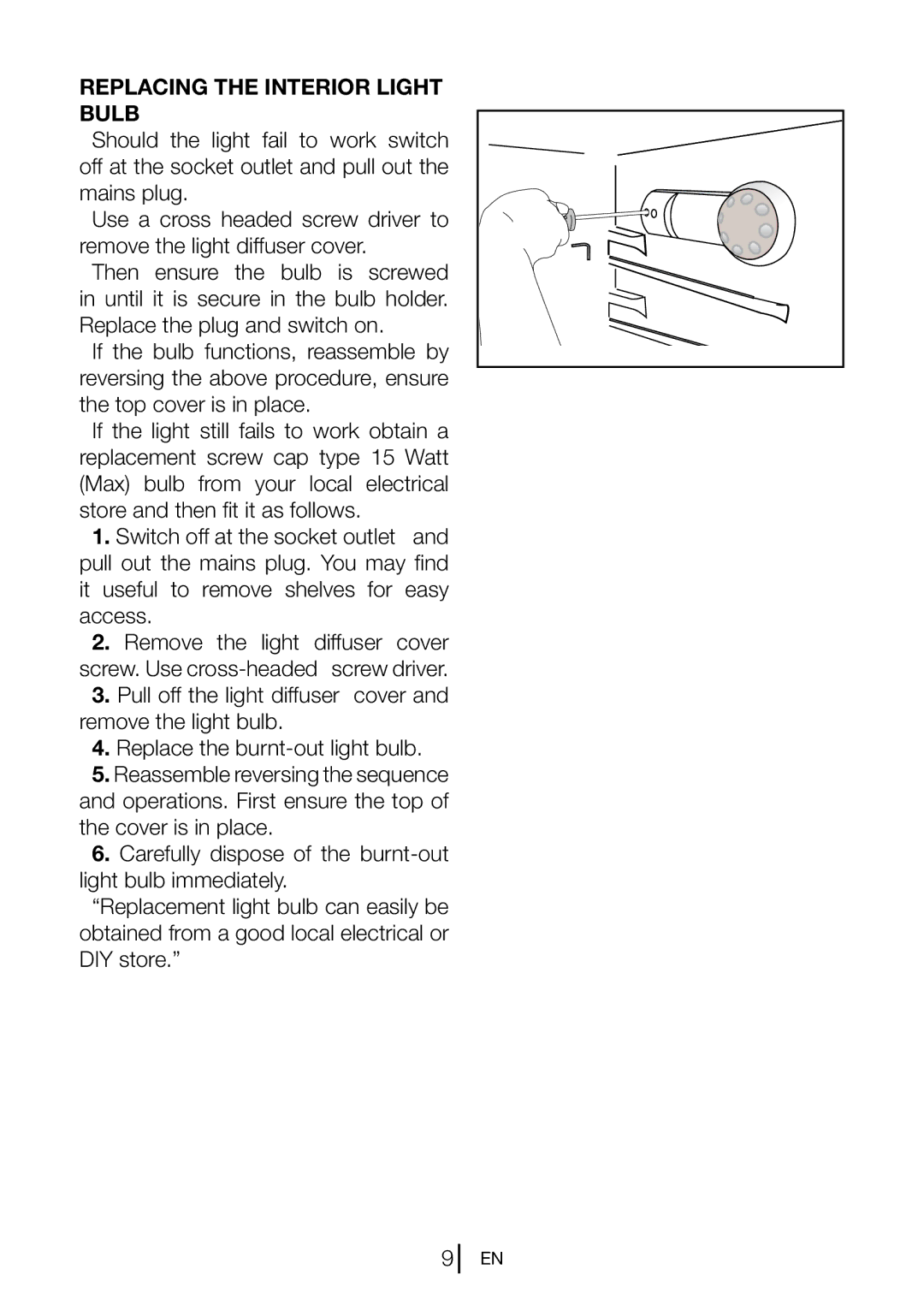 Beko CT7831S manual Replacing the Interior Light Bulb 