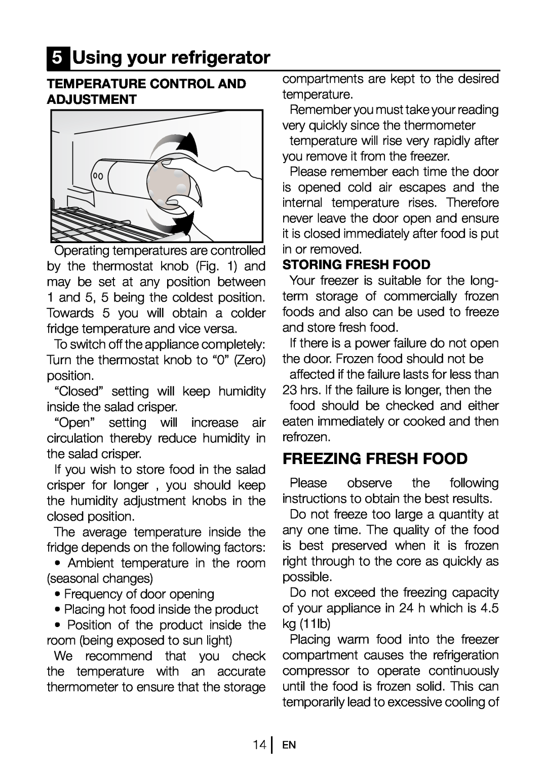 Beko CT7831S manual 5Using your refrigerator, Freezing Fresh Food, Temperature Control And, Adjustment, Storing Fresh Food 