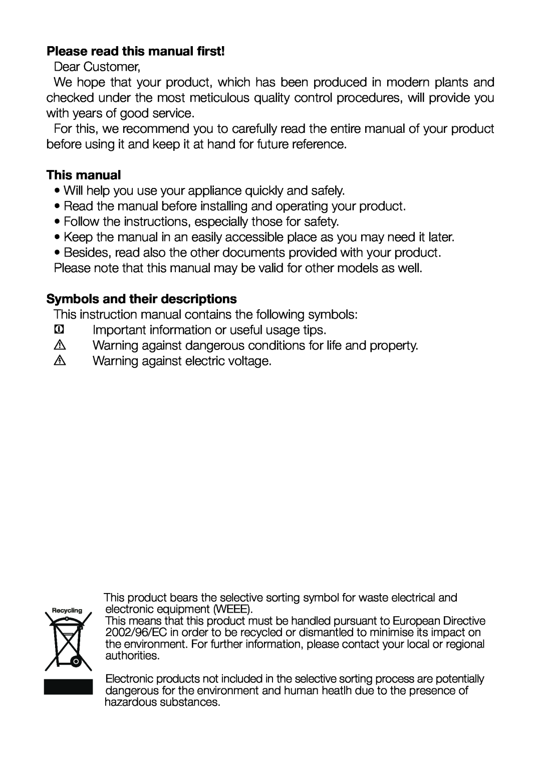 Beko CT7831S Please read this manual first, This manual, Symbols and their descriptions 