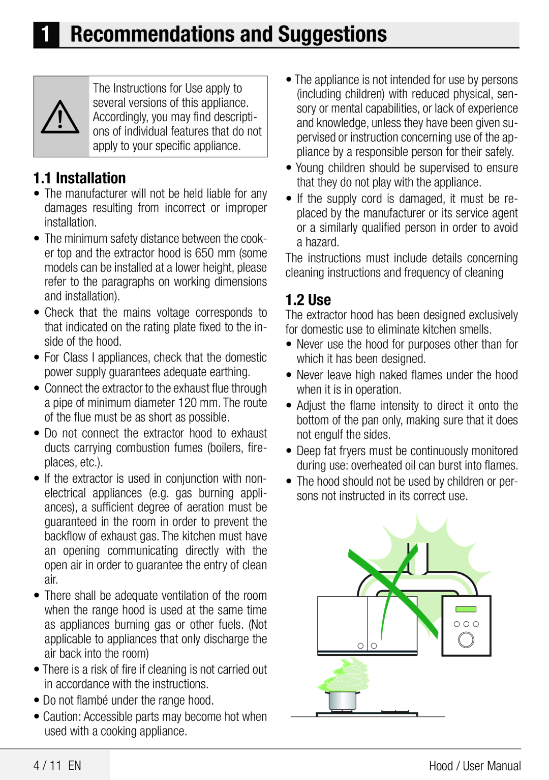 Beko CTB 6250 XA, CTB 9250 XA Recommendations and Suggestions, Installation, Use, Do not flambé under the range hood 