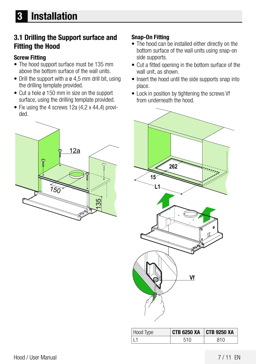 Beko CTB 9250 XA, CTB 6250 XA user manual Installation, Drilling the Support surface and Fitting the Hood, Screw Fitting 