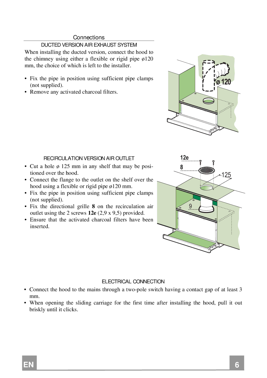 Beko CTB 6407 Connections, Ducted Version AIR Exhaust System, Recirculation Version AIR Outlet, Electrical Connection 