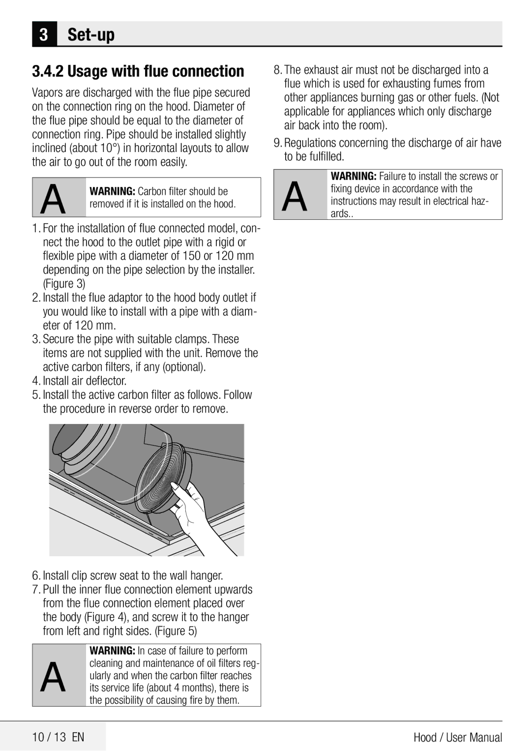 Beko CWB 9601 X Usage with flue connection, Install air deflector, Install clip screw seat to the wall hanger, 10 / 13 EN 