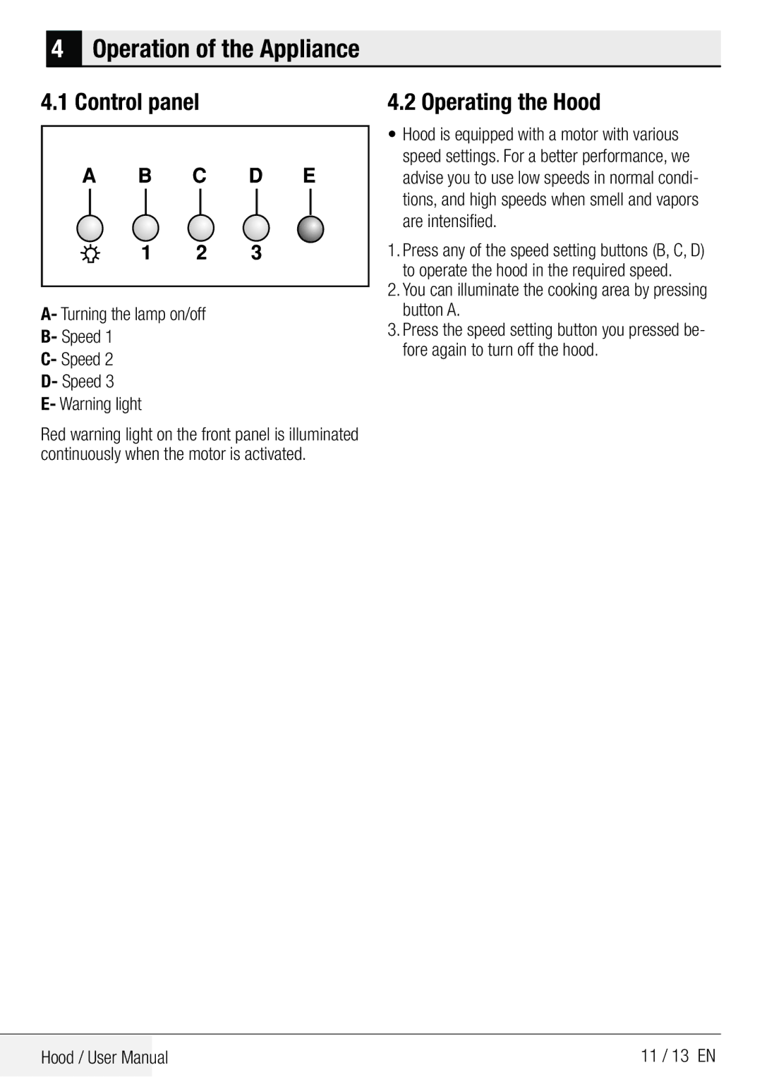 Beko CWB 9601 X user manual Operation of the Appliance, Control panel, Operating the Hood 