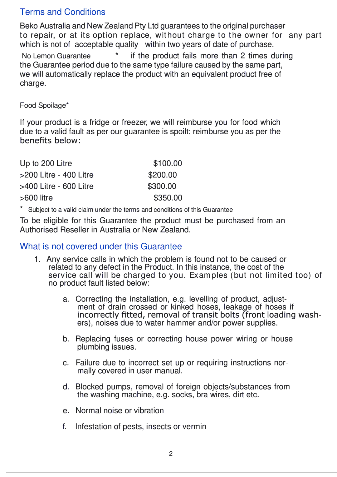 Beko CWB 9601 X user manual Terms and Conditions 