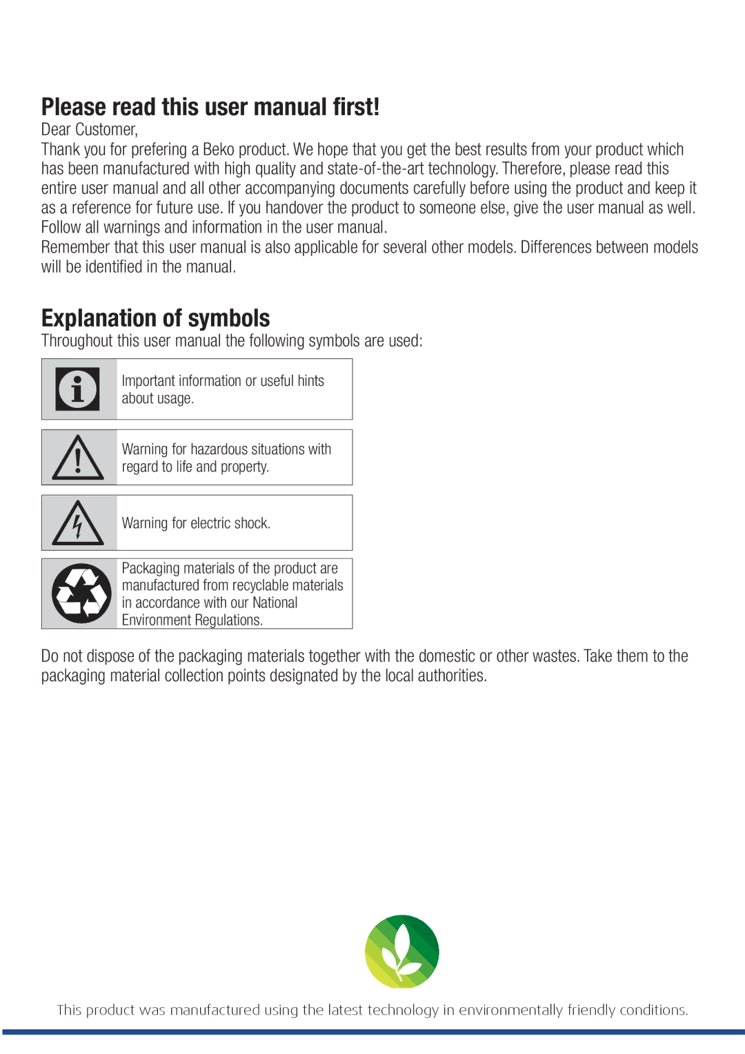 Beko CWB 9601 X user manual Explanation of symbols, Dear Customer 